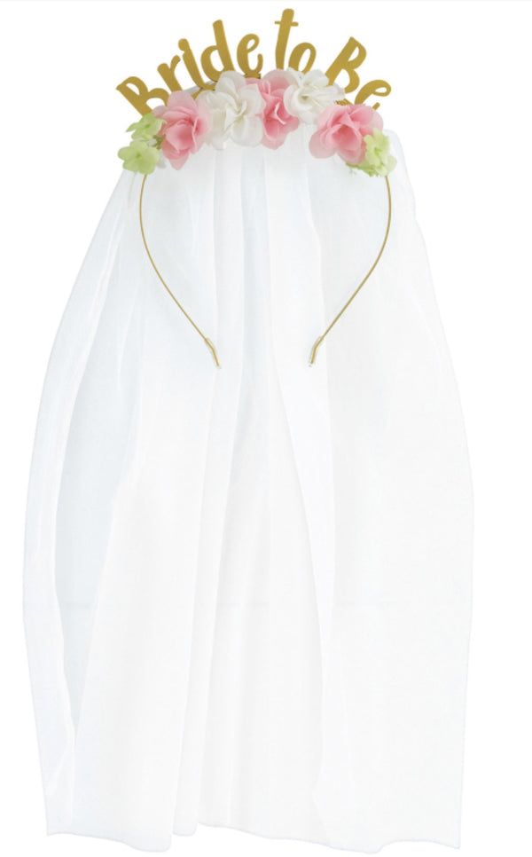 BRIDE TO BE GOLD METAL HEADBAND & VEIL WITH FLOWERS